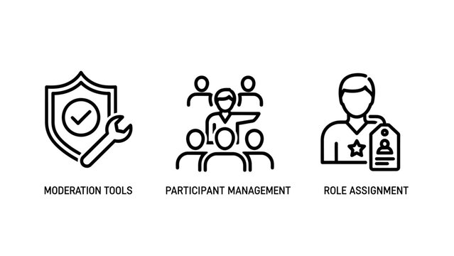Moderation tools participant management role assignment line icons set with social media user interface black and white moderation participant management assignment administrator security