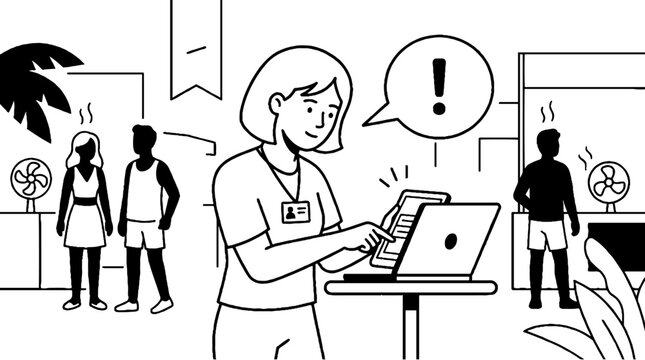 Employee monitoring indoor temperature while people cool off with fans