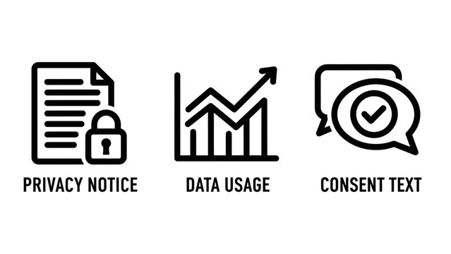 Privacy notice data usage consent text icons for digital information management with legal agreement digital security personal data user consent privacy policy terms conditions data protection