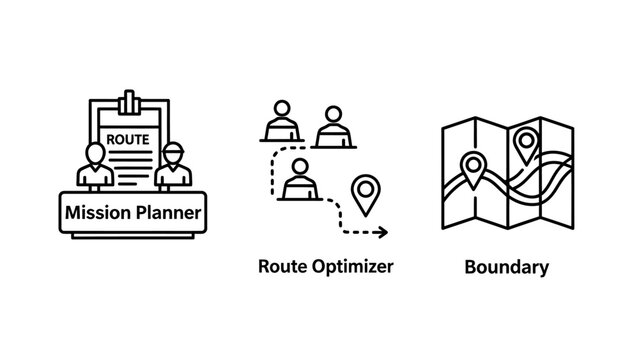 Logistics and delivery route planning icons for mission planner route optimizer and boundary mapping used in efficient transport management and supply chain coordination with logistics, delivery