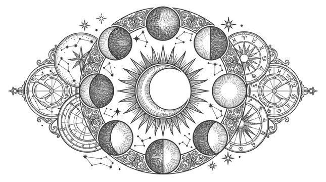 Celestial Phases Moon Sun Zodiac Astrology Vector Illustration