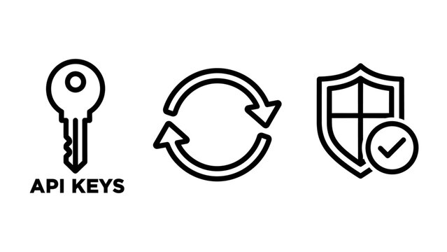 Api keys management and security icons set featuring key rotation shield protection and verified access security rotation checkmark technology authentication developer software programming