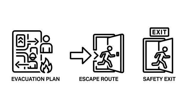 Emergency safety icons depicting building evacuation plan escape route and safety exit signs for fire protection with evacuation emergency building security survival strategy procedure interior