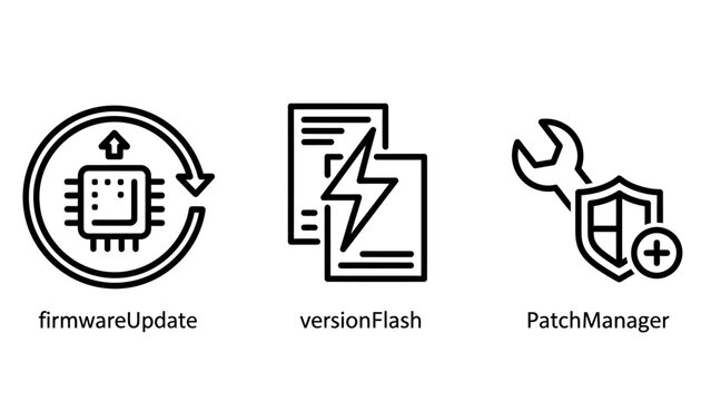 Software development and it maintenance icons representing firmware update version flashing and patch management systems for technical services with firmware software management technology