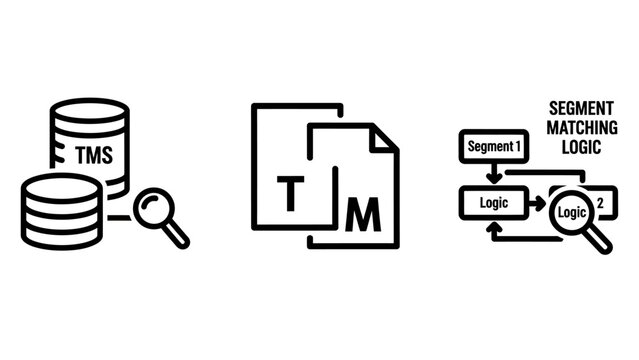 Technical diagrams for translation management systems showing database for tms and translation memory with segment matching logic flowchart and search icons translation management technology