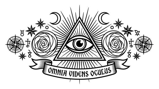 All Seeing Eye Triangle Symbol with Moon, Stars, Compass, and Banner