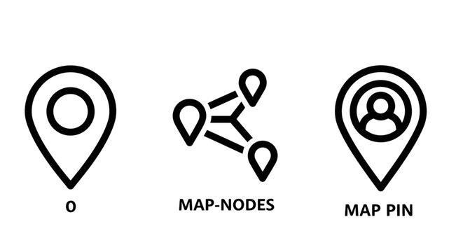 Map location and navigation icons featuring pin markers network nodes personal user identification location navigation connection geography tracking technology communication interface