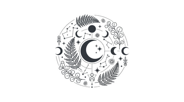 Celestial Moon Phases and Constellations with Botanical Elements