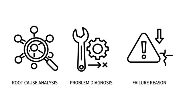 Industrial and mechanical failure analysis troubleshooting and root cause identification icons with analysis troubleshooting mechanical diagnosis industry engineering technical maintenance