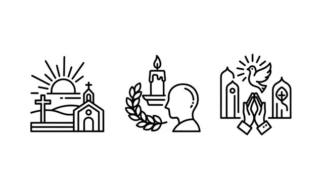 Religion and spiritual practice icon set depicting faith prayer and ceremony with religion spiritual ceremony meditation silhouette tradition monastery blessing devotion reverence collection