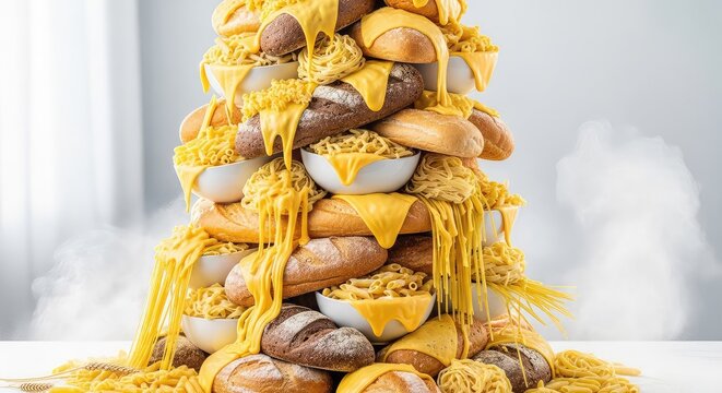 A massive stack of crusty bread loaves and overflowing pasta bowls covered in thick melted yellow cheese with clouds of wheat flour dust, white, nutrition, warning