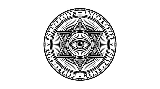 Mystical Eye of Providence Star Symbol Rune Circle Black White Vector