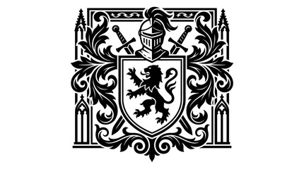 Obraz premium Heraldic Crest Emblem with Lion, Swords, and Ornate Flourishes - Black Vector