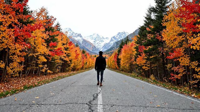 Man walking down a road surrounded by vibrant autumn trees and mountains