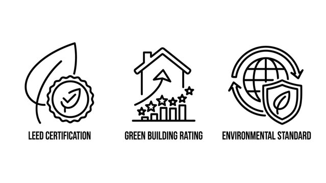 Environmental certification icons showing leed green building rating and standard with environment certification building standard sustainability protection efficiency construction certified