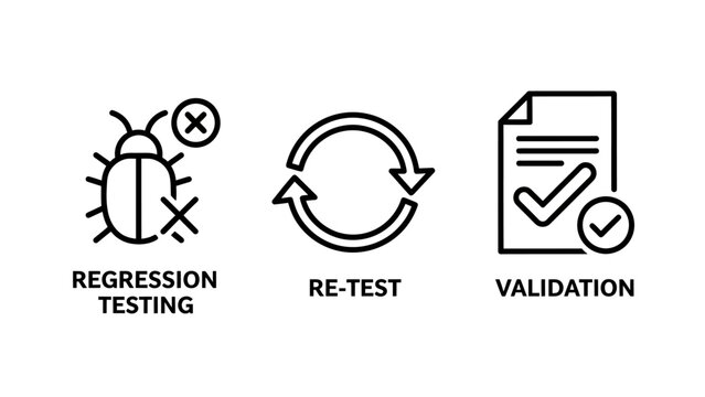 Set of software development and quality assurance icons with regression validation software development assurance document verification debugging technical engineering analysis iteration