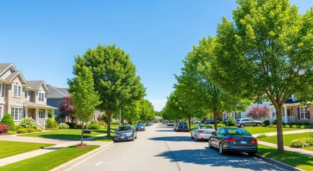 Fototapeta premium A peaceful suburban road lined with charming family homes, manicured lawns, green trees, and parked cars under a bright, clear blue sky, exterior, foliage, building
