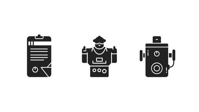 Technology and robotic industrial icons set featuring checklist robot operator and advanced machine controls technology industrial checklist operator automation industry management technical