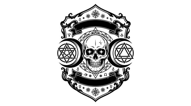 Mystical Emblem: Skull, Moons, Stars, and Esoteric Symbols