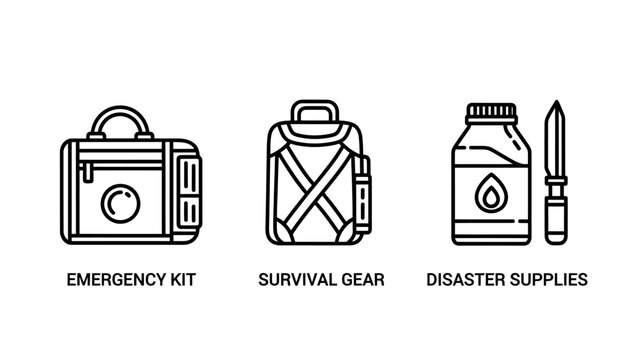 Emergency kit and survival gear supplies icons for disaster preparedness and safety equipment with first aid emergency survival disaster supplies preparedness backpack security protection