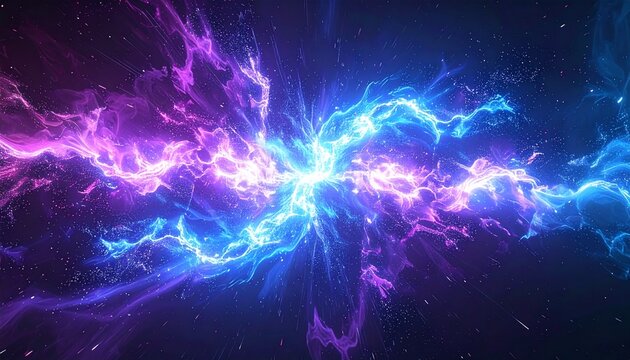 宇宙空間で激しく爆発する近未来的なエネルギーの閃光。エレクトリックブルーとパープルの光が交錯する抽象的なSF背景素材。