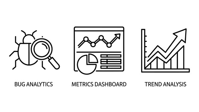Business data analysis icons set featuring bug analytics metrics dashboard and trend analysis line art analysis analytics dashboard business software development monitoring reporting strategy