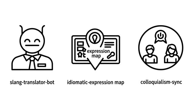 Language translation bot and idiom map digital line icons with translator language expression communication technology artificial intelligence graphics linguistics translation learning