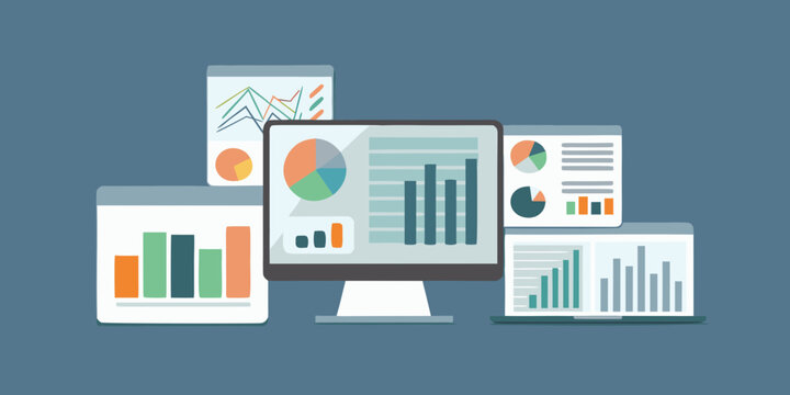 data dashboard with charts and graphs flat vector illustration