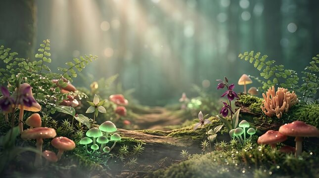 Enchanting forest path bathed in mystical sunlight, with glowing mushrooms and lush greenery.