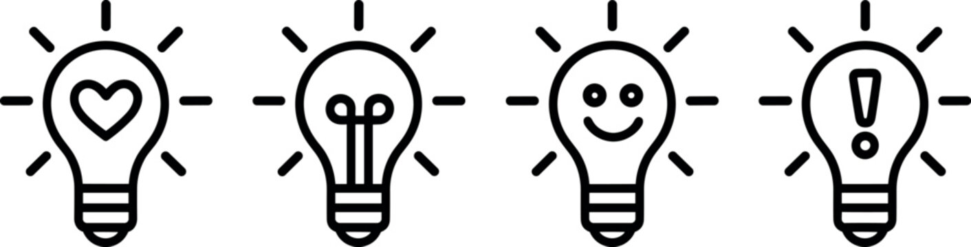 Light bulb linear icon set featuring heart exclamation mark and smiley face for creative solution concept