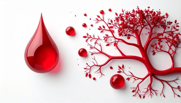 World Blood Donor Day concept with red blood drop and vascular tree on white background