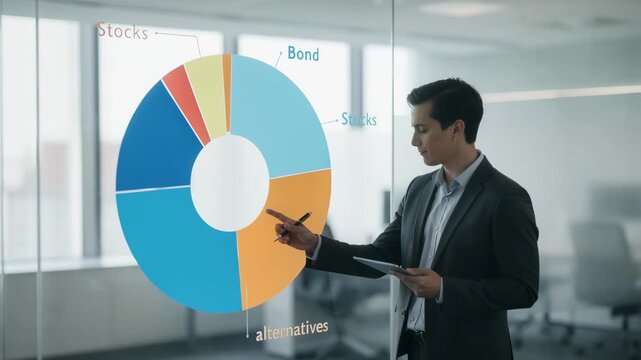 Medium shot of a businessperson analyzing a pie chart displaying diversified asset allocation with stocks emphasized and bonds alternatives softly blurred in the background.