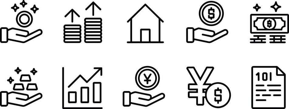 Financial Banking And Investment Line Icon Set Featuring Hands Holding Money House Real Estate Growth Charts Gold Bars And Currency Symbols For Business Commerce And Wealth Management