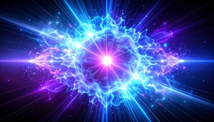 Fototapeta premium 宇宙空間で激しく爆発する近未来的なエネルギーの閃光。エレクトリックブルーとパープルの光が交錯する抽象的なSF背景素材。