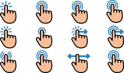 Fototapeta premium Hand touchscreen gesture icon set showing click tap double click press swipe and drag interactive movements