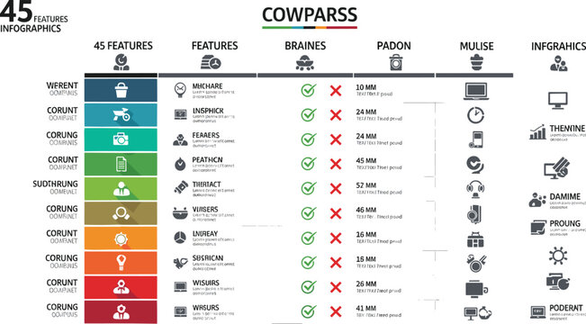 Feature comparison infographic vector with checklist table icons and product service evaluation metrics for business analysis presentation and marketing reports