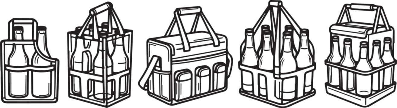 Black and white line drawing of different types of dump trucks Vector