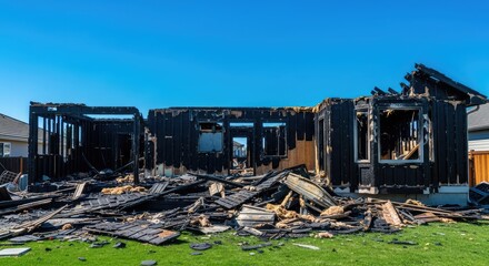 Fototapeta premium Charred exterior walls of a suburban house show severe fire damage under a bright blue sky, with debris scattered across the green lawn, yard, property, soot