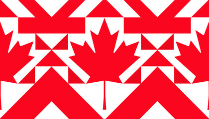 Obraz premium An abstract, repeating pattern featuring red maple leaves and geometric shapes in white and red, evoking Canadian symbolism.