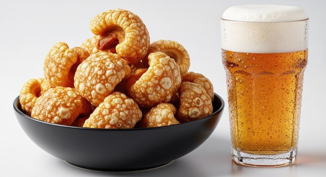 Crispy golden pork cracklings in a matte black bowl beside a glass of chilled beer with condensation and bubbles, a classic snack pairing, bowl, table, crunchy