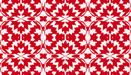 Kaleidoscopic pattern of red and white maple leaves creating a visually striking and intricate abstract design, reminiscent of Canadian national symbols. © dilla