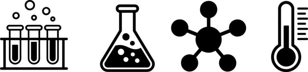 Science laboratory icon set with test tubes flask molecule structure and thermometer symbols for chemistry medical research education and biotechnology experiment design © MdMahedi