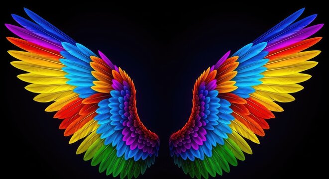 Vibrant, multicolored feathered wings spread wide against a stark dark backdrop, showcasing intricate detail, glowing hues, and symmetry, dreamlike, wallpaper, magic