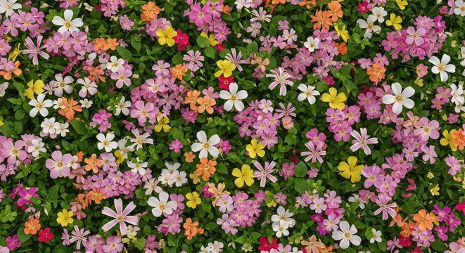 Una composizione vibrante di fiori misti dai colori vivaci crea un tappeto naturale fitto e armonioso con petali delicati e foglie verdi, meadow, nature, wallpaper
