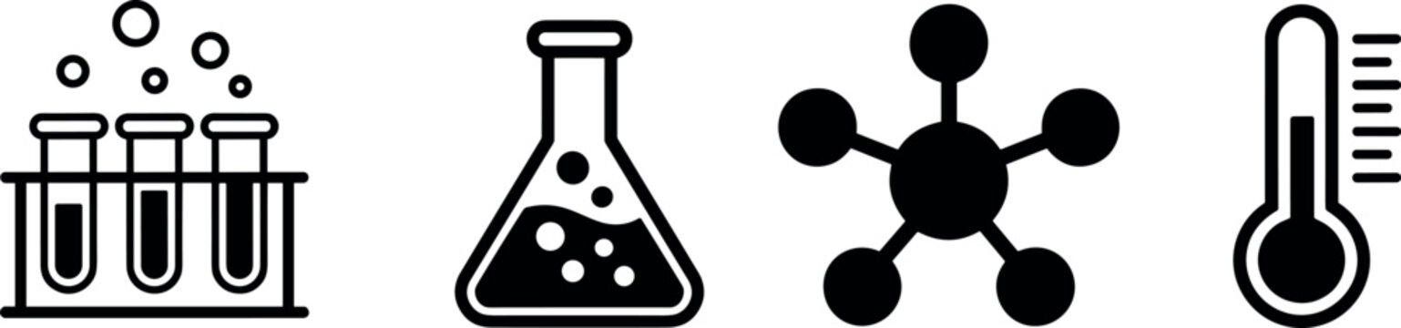 Science laboratory icon set with test tubes flask molecule structure and thermometer symbols for chemistry medical research education and biotechnology experiment design