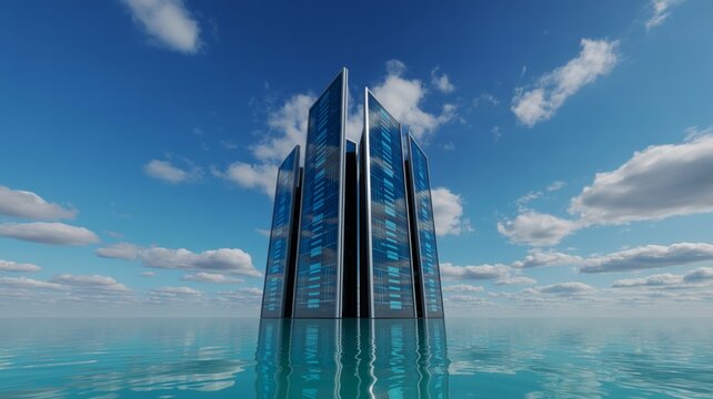 Futuristic server towers reflecting in turquoise lake &ndash; Perfect for green data center marketing, sustainable cloud storage, or advanced network tech.