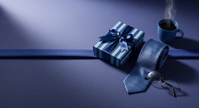 Blue gift box with tie, glasses and coffee cup for fathers day concept