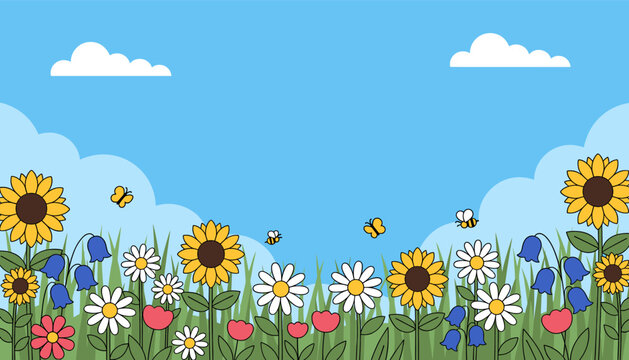 A cheerful cartoon illustration of a vibrant spring meadow with sunflowers, daisies, bluebells, and bees flying under a bright blue sky with fluffy clouds.