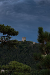Fototapeta premium Medieval stone tower of Burgruine Rauheneck castle ruins on a forested hill under a dramatic stormy sky, Baden bei Wien, Austria