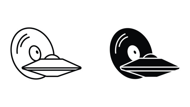Black and white flying saucer ufo icon with planet